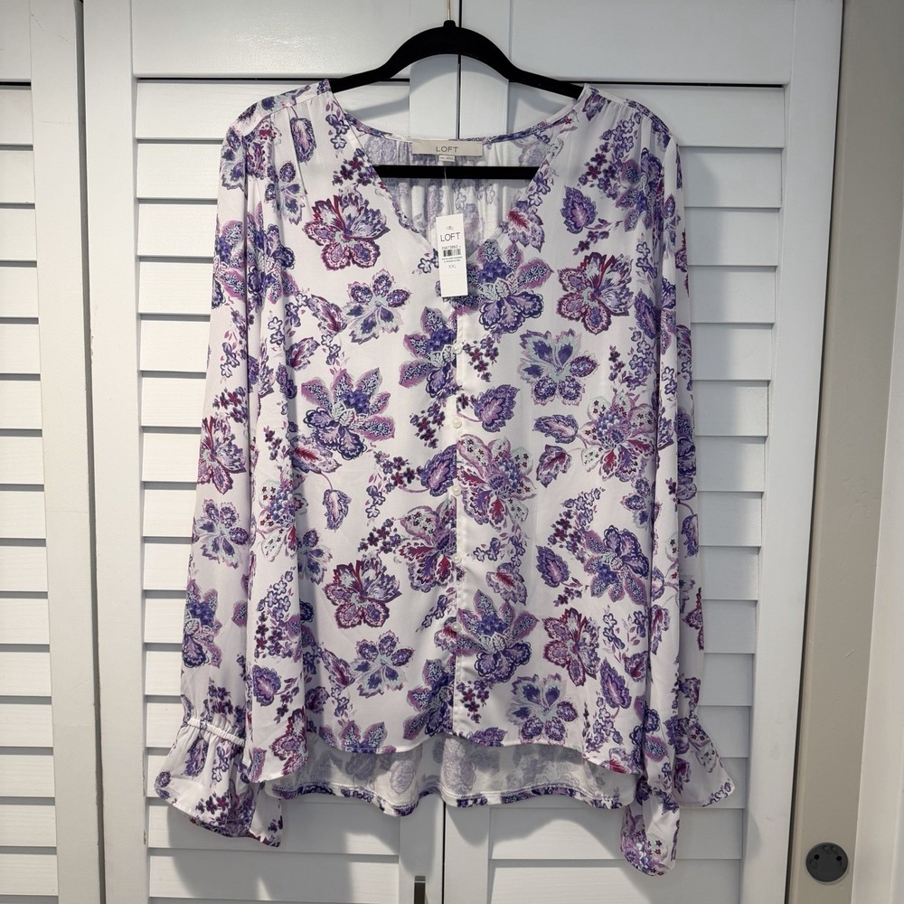 LOFT Women's‎ Floral Mixed Material Ruffle Cuff Long Sleeve Blouse XXL New